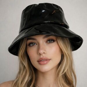 Odiva Women’s Black Glossy Sleek Edgy Bucket Hat New